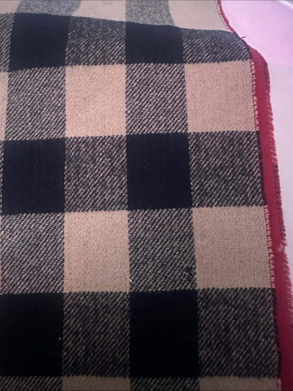 Burberry Tan and Black Check Wool Scarf with red interior